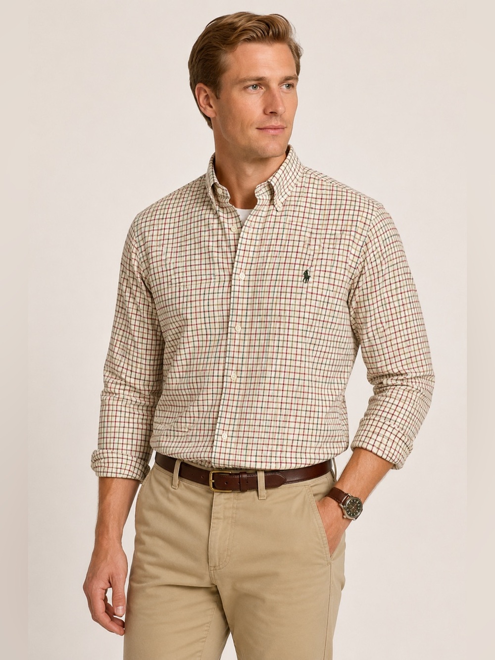 Ralph Lauren Classic Fit Plaid Button Down Shirt Cream Red Green Size M